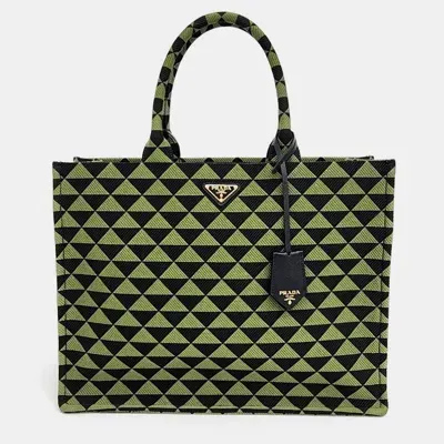 Pre-owned Prada Symbol Embroidery Fabric Tote Bag In Black