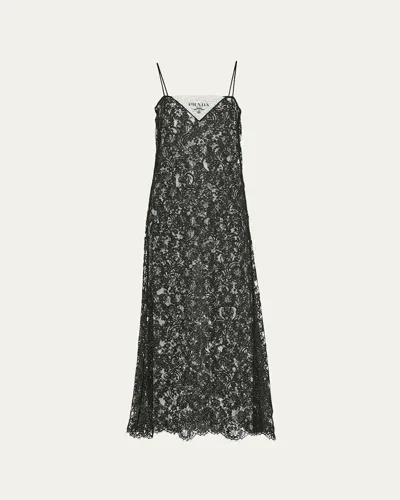 Prada Lace-detailed Midi Dress In Black