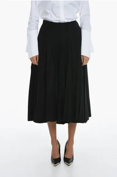 Prada Pleated Silk Midi Skirt In F0002 Nero