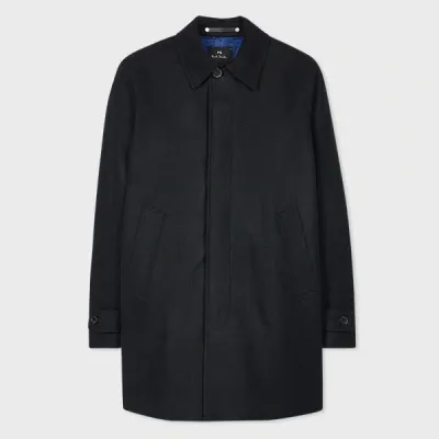 Ps By Paul Smith Navy Wool Mac With Waterproof Membrane Blue