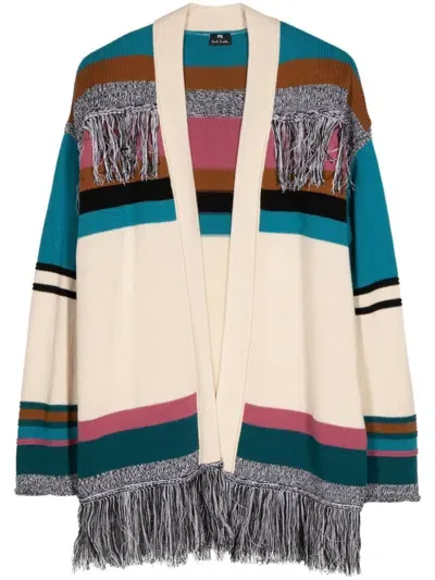 Ps By Paul Smith Striped Fringed Cotton Cardi-coat In Neutrals