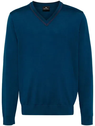 Ps By Paul Smith V-neck Contrasting-trim Jumper In Blue