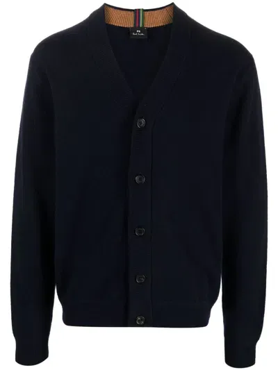 Ps By Paul Smith V-neck Merino Wool Cardigan In Blue