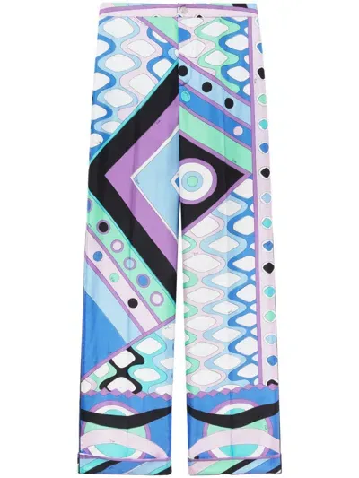 Pucci Vivara-print Silk Trousers In Blue