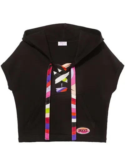 Pucci Logo-patch Short-sleeve Hoodie In Black