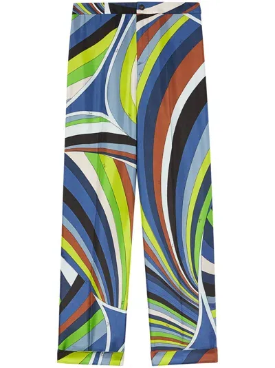 Pucci Logo-print Silk Flared Trousers In Blue