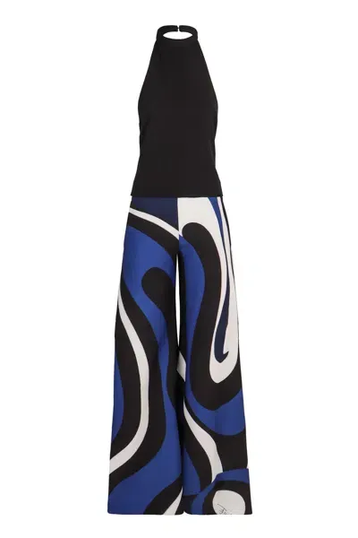 Pucci Printed Cady Halterneck Jumpsuit In Black/blue