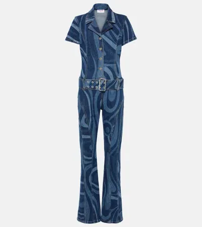 Pucci Printed Denim Long Jumpsuit In Blue,multi