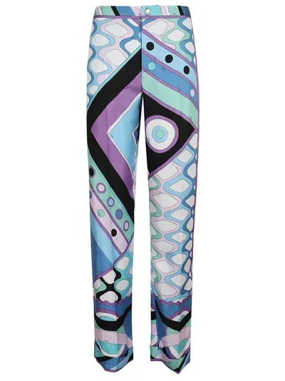 Pucci Printed Silk Pants In Blue