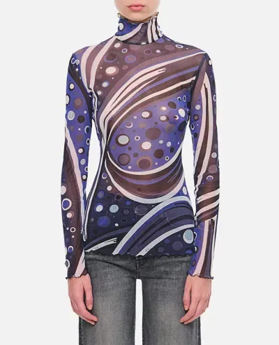 Pucci Tulle Long Sleeves T-shirt In Blue