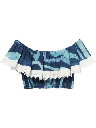 Pucci Wave-print Ruffle-detailing Top In Blue