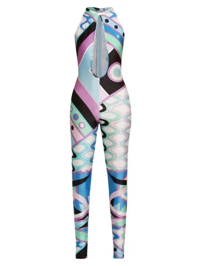 Pucci Shiny Lycra Long Jumpsuit In Celeste Bianco