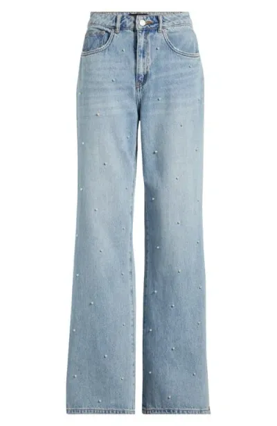 Purple Brand Imitation Pearl Hotfix High Waist Wide Leg Jeans In Lt Indigo