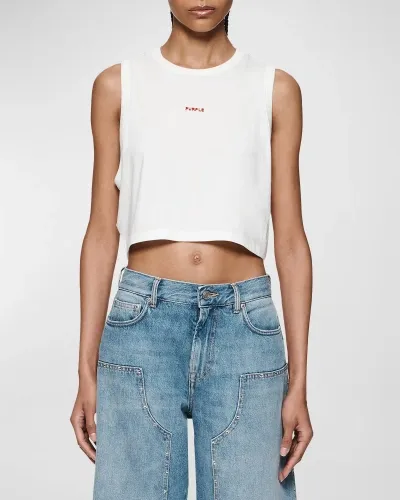 Purple Logo Cropped Jersey Muscle Tee In White