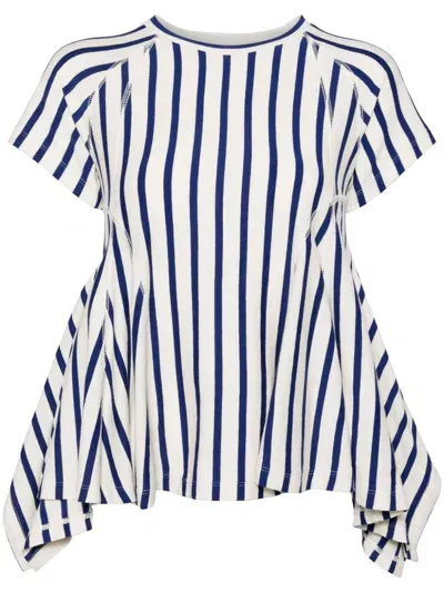 Pushbutton Stripe Flared Hem T-shirt In Blue