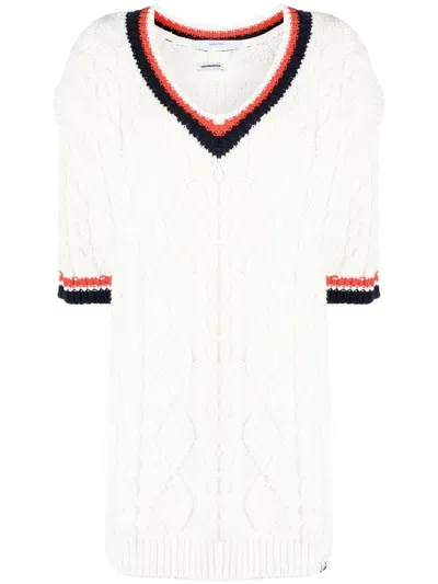 Pushbutton Three-quarter Sleeve Cable-knit Top In White