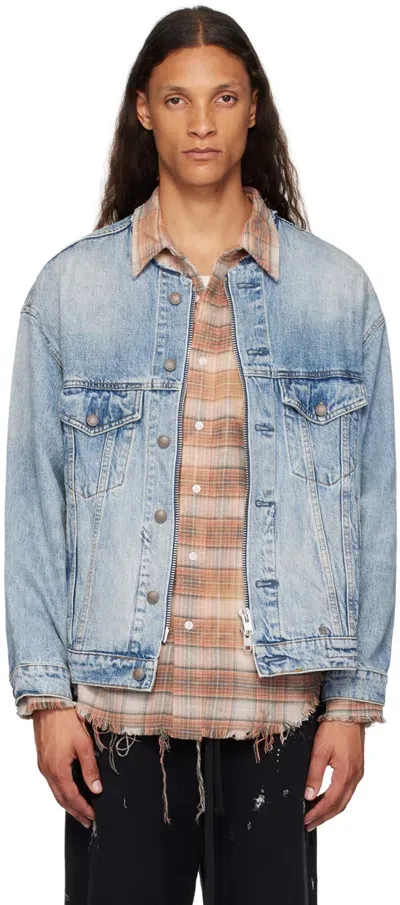 R13 Blue Collarless Trucker Denim Jacket In Caxton Blue