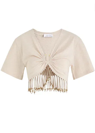 Rabanne Cropped Fringed Embellished Cotton-jersey T-shirt In Powder