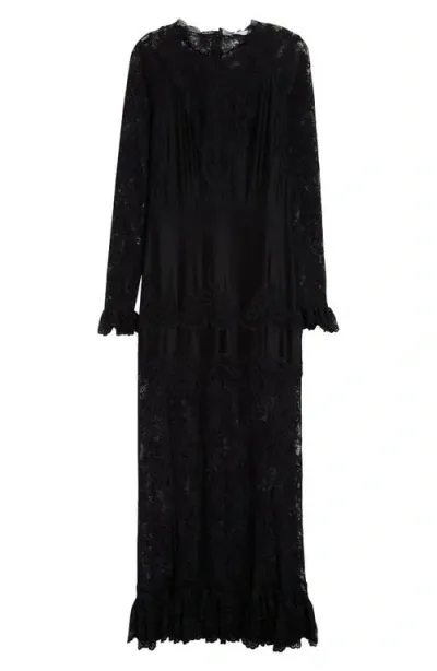 Rabanne Floral Lace Long Sleeve Satin Maxi Dress In Black