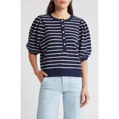 Rails Dom Stripe Puff Sleeve Cotton Henley In Navy White Stripe