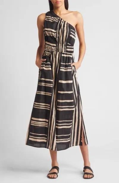 Rails Selani Stripe One-shoulder Cotton Midi Dress In Black