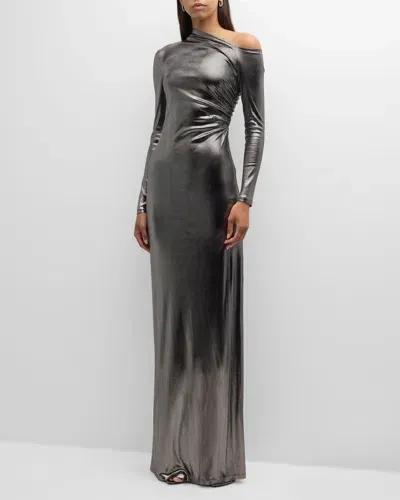 Ralph Lauren Metallic Long-sleeve Ruched Gown In Asteroid