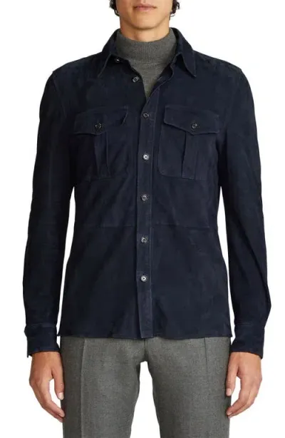 Ralph Lauren Purple Label Barron Flap-pocket Suede Overshirt In Classic Navy