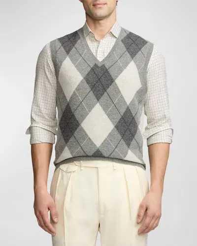 Ralph Lauren Purple Label Men's Argyle Cashmere Sweater Vest In Light Grey