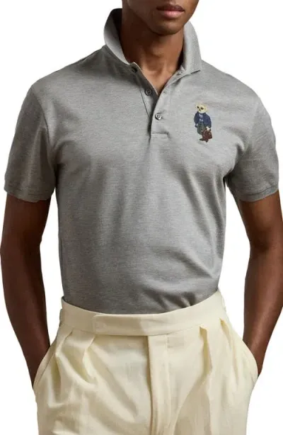 Ralph Lauren Purple Label Polo Bear Embroidered Cotton Piqué Polo In Classic Light Grey Heather