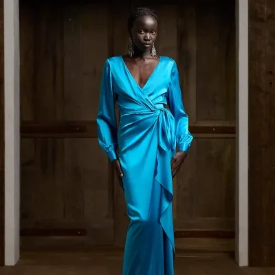 Ralph Lauren Saundra Silk Satin Long Wrap Dress In Blue