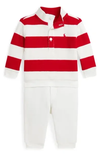 Ralph Lauren Babies'  Stripe Henley Sweater In Red/nevis