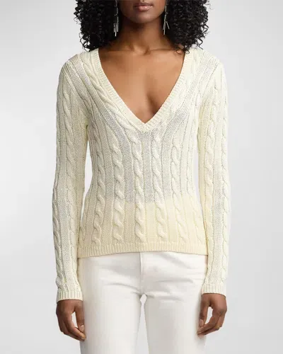 Ralph Lauren V-neck Silk Cable Knit Sweater In Lux Cream