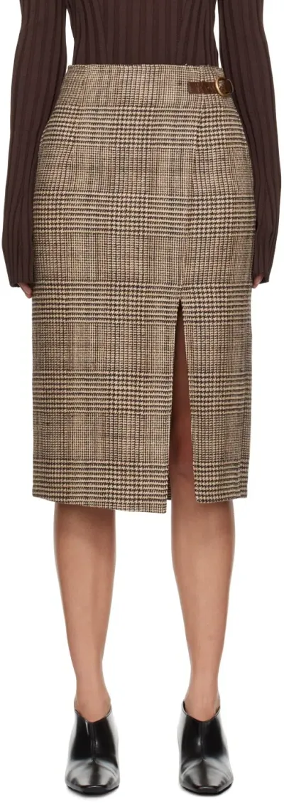 Recto Beige Check Wrapped Midi Skirt In Brown