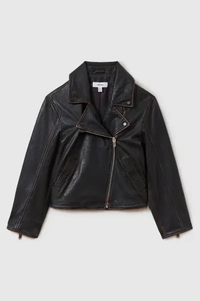 Reiss Black Beau Relaxed Leather Biker Jacket