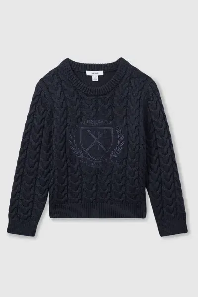 Reiss Navy Victor Logo-embroidered Cabled Jumper With Cotton And Wool