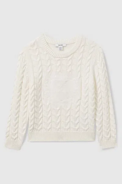 Reiss Off White Victor Logo-embroidered Cabled Jumper With Cotton And Wool