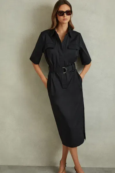 Reiss Black Aimie Cotton Blend Utility Belted Midi Dress