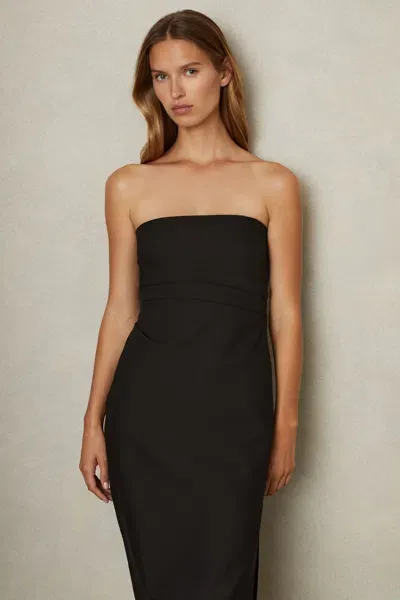 Reiss Black Strapless Ruched Midi Dress