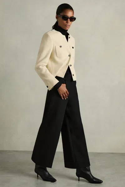 Reiss Black Cropped Wide-leg Twill Trousers