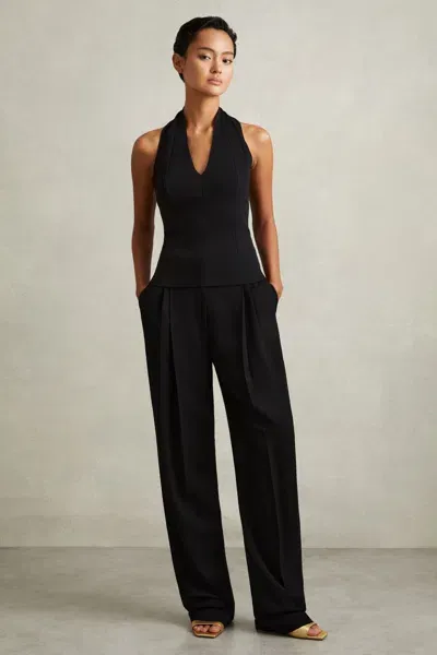 Reiss Black Double Pleat Wide Leg Tux Trousers