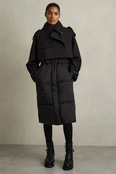 Reiss Black Emmie Hybrid Puffer Coat