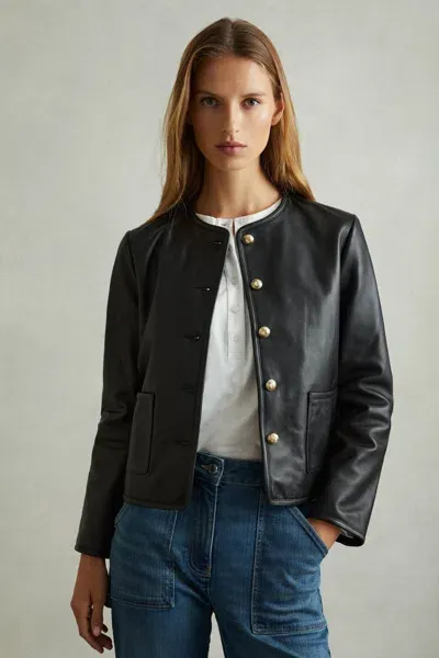 Reiss Black Gracie Cropped Leather Jacket