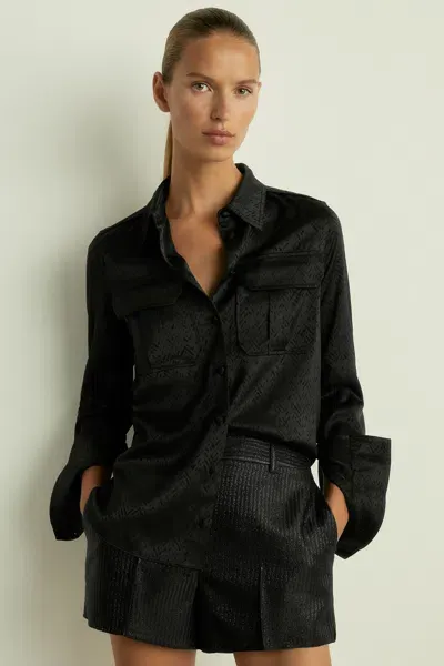 Reiss Black Herringbone-jacquard Satin Blouse