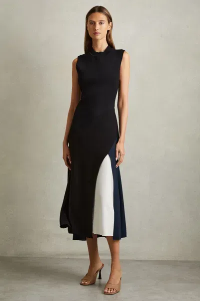 Reiss Black Hybrid Colourblock Midi Dress