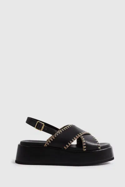 Reiss Black Melissa Leather Raffia Stitch Platform Sandals