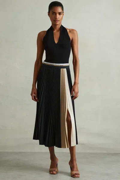 Reiss Black Pleated Waistband Detail Midi Skirt