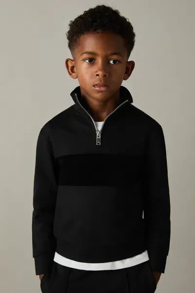 Reiss Black Selin 3-9 Yrs Slim Fit Half-zip Funnel Neck Velour Sweatshirt