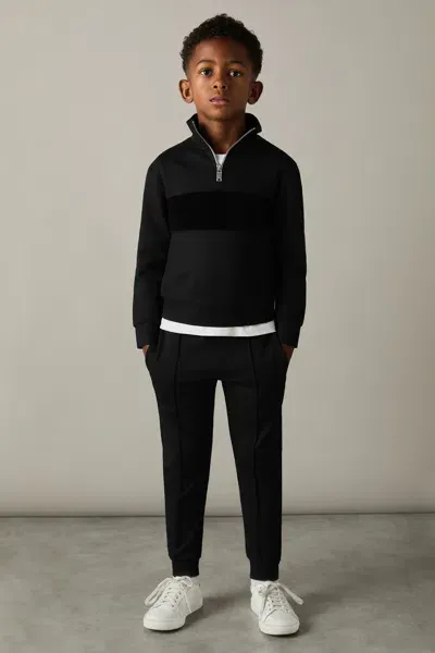 Reiss Black Selin Slim Fit Half-zip Funnel Neck Velour Sweatshirt