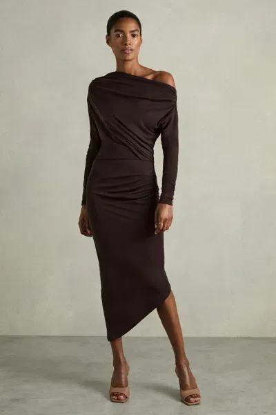 Reiss Brown Asymmetric Draped-jersey Midi Dress