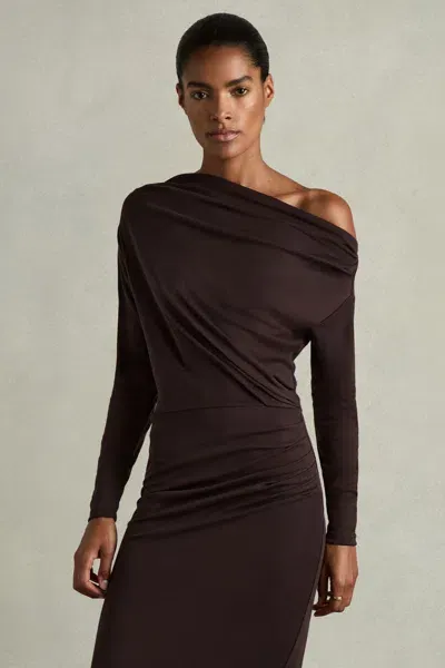 Reiss Brown Petite Off-the-shoulder Ruched Jersey Midi Dress